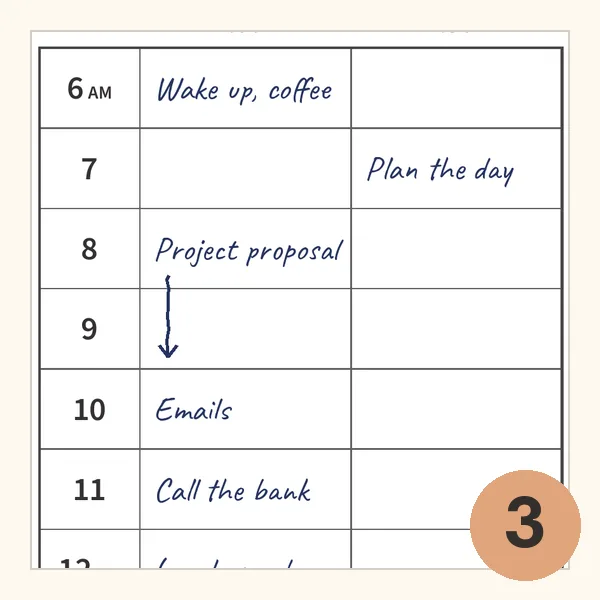 Hourly schedule with :00 and :30 columns filled in by hand